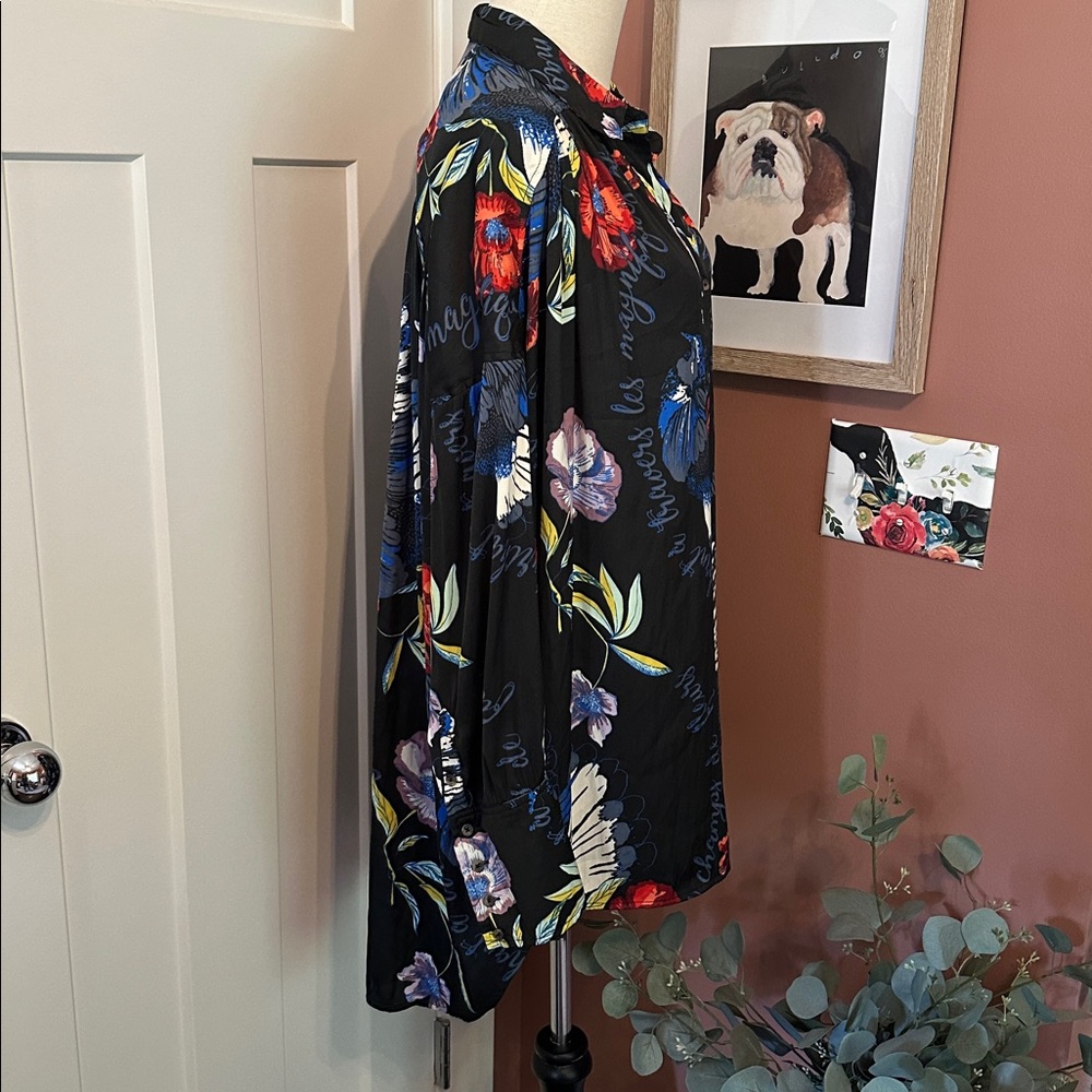 Free People Silky Nights Floral birds whimsical Black M oversized hi lo blouse - Picture 5 of 11